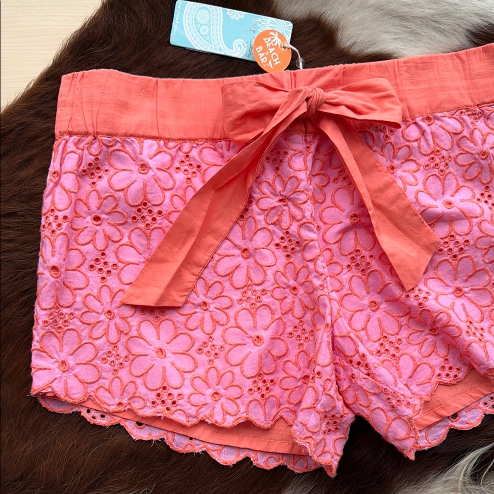 Mudpie Pink & Orange Coral Lace Floral Eyelet Shorts with Waist Tie